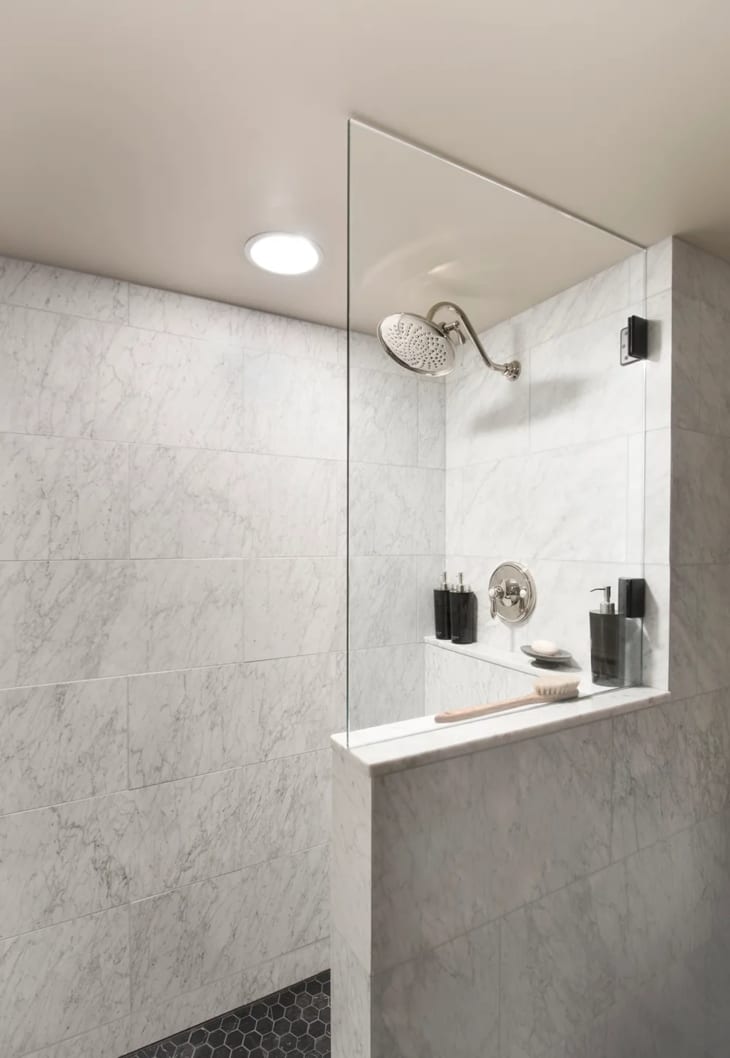 marble bathroom, half glass wall, pony wall, grey marble