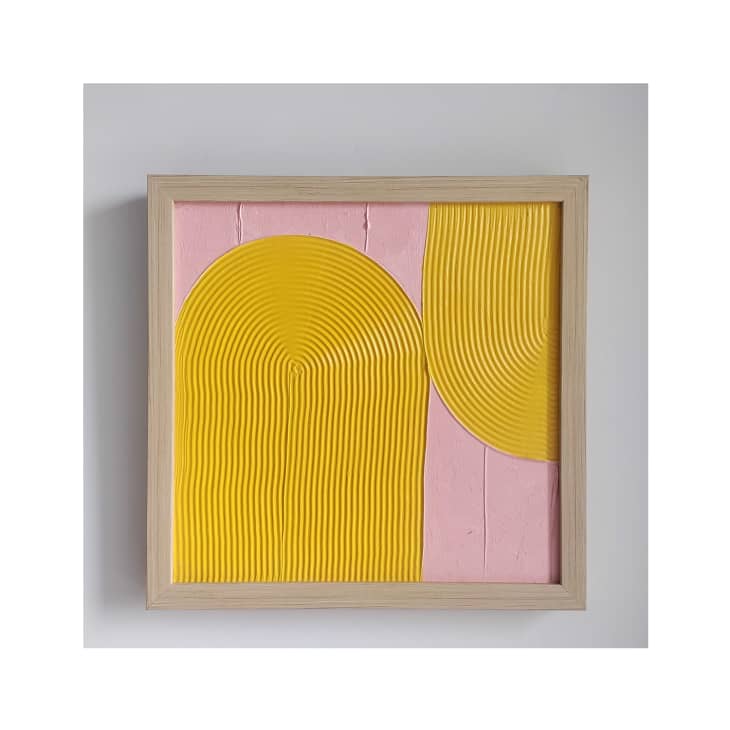 Textured Art piece on stretched canvas with sunshine yellow arches and pink background.