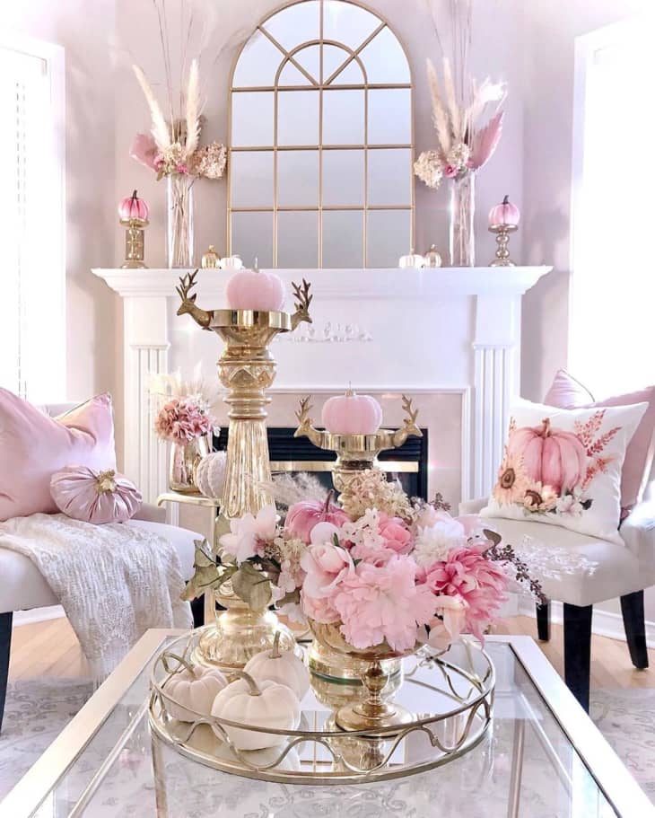 Living room decorated with pastel pink fall decor