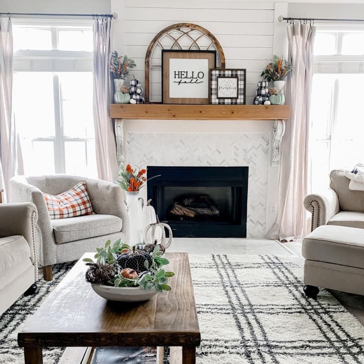 living room with cozy plaid accents