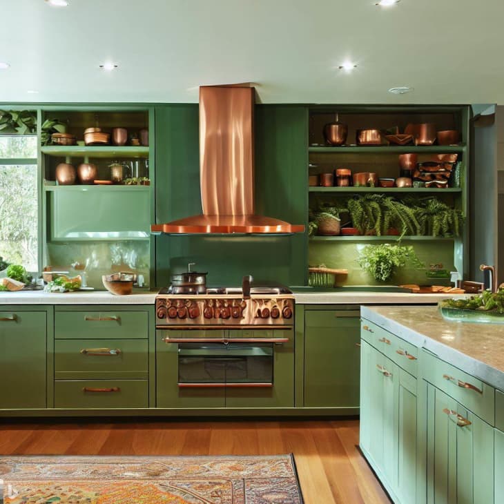 AI-generated room photo: green kitchen with copper accents