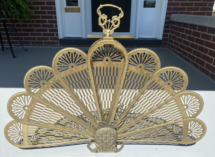 Product Image: Vintage Victorian Brass Folding Fan Peacock Fireplace Screen Pineapple Patina