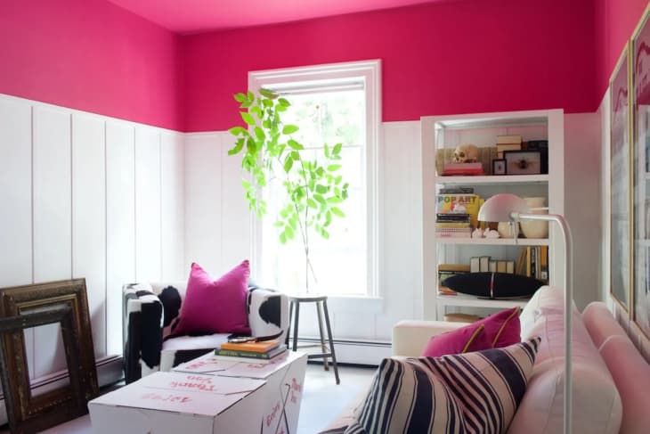 a bright room with white walls and bold pink statement ceilings