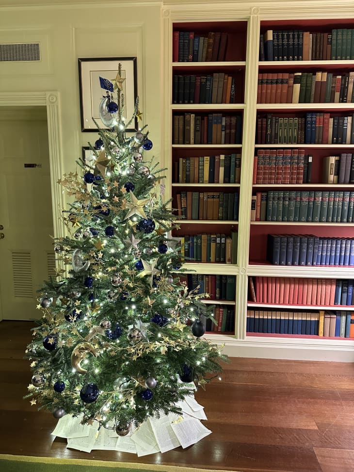 Leather bound book wall with small blue, green and silver Christmas trees