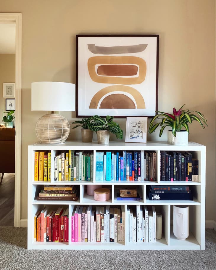 Art print hung above neatly organized book shelf.