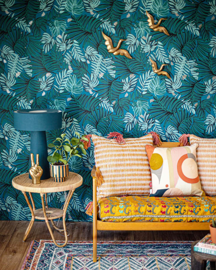 boho living room with jungalow wallpaper