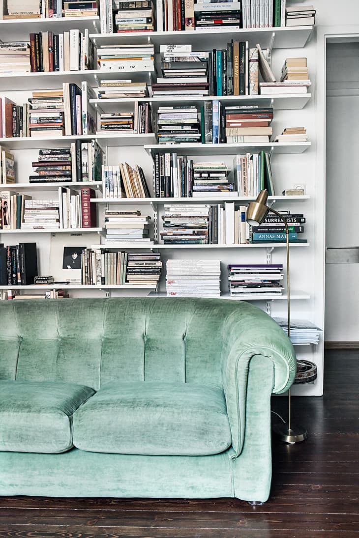 bookshelf above sofa