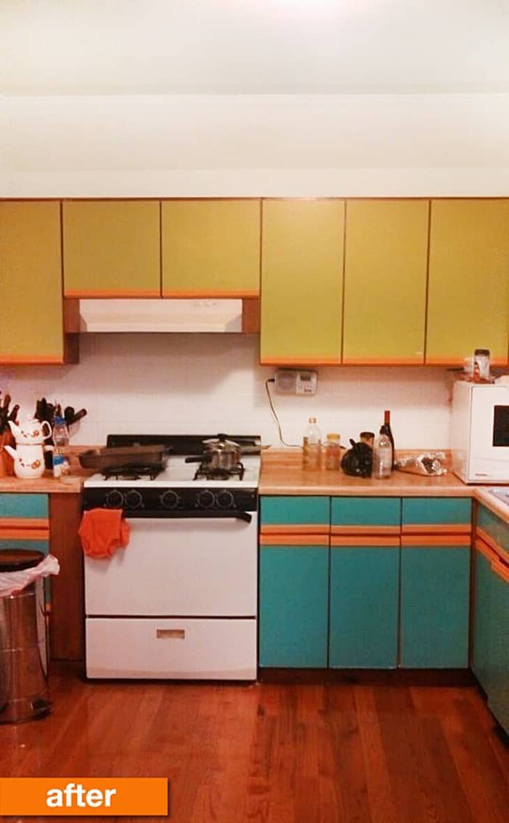 Before After Plain Particleboard Cabinets Get a Cheery Spring