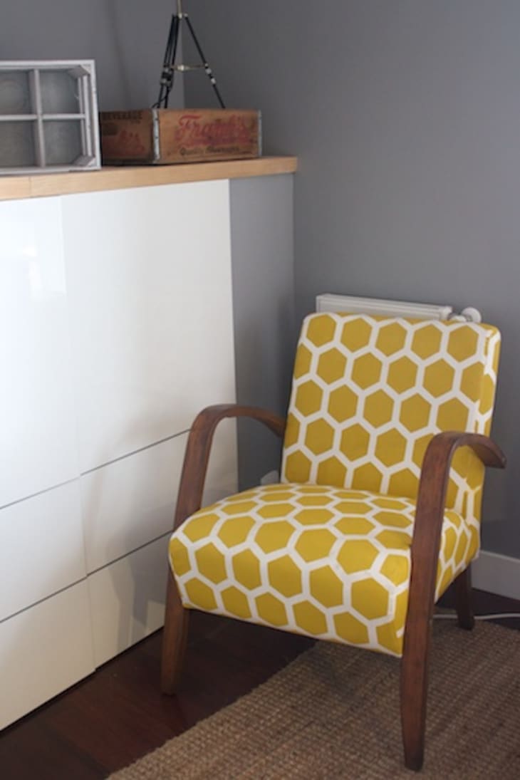 Before & After Ainhoa’s Stenciled Upholstery IKEA Armchair Apartment