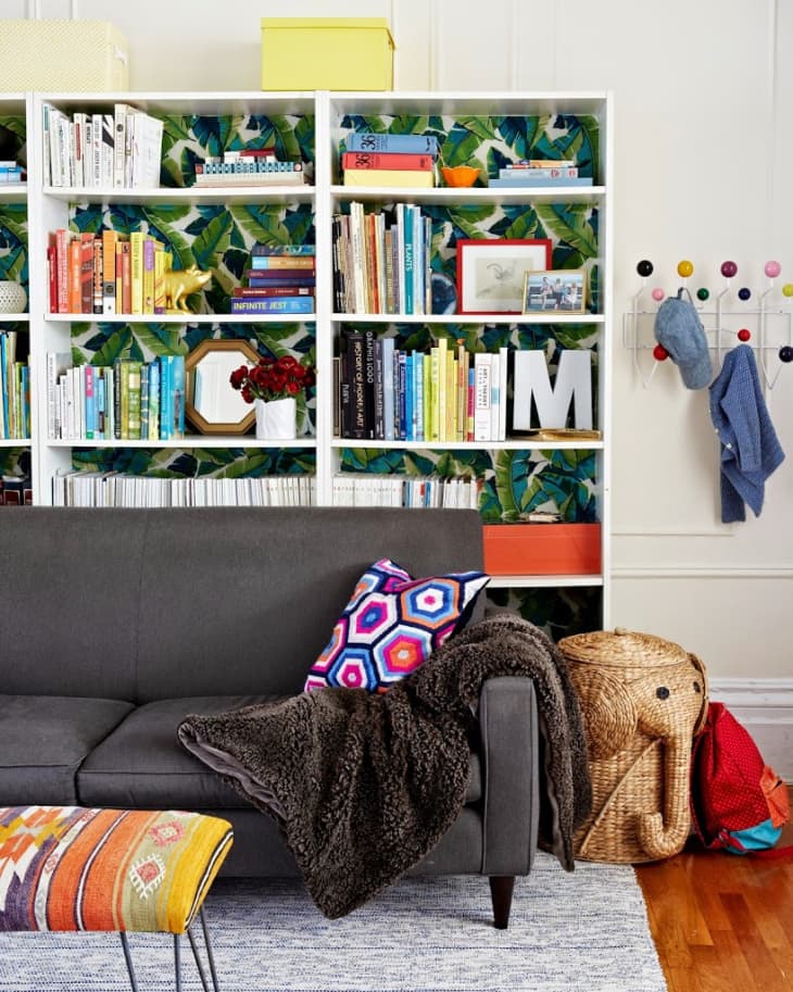 bookshelf above sofa