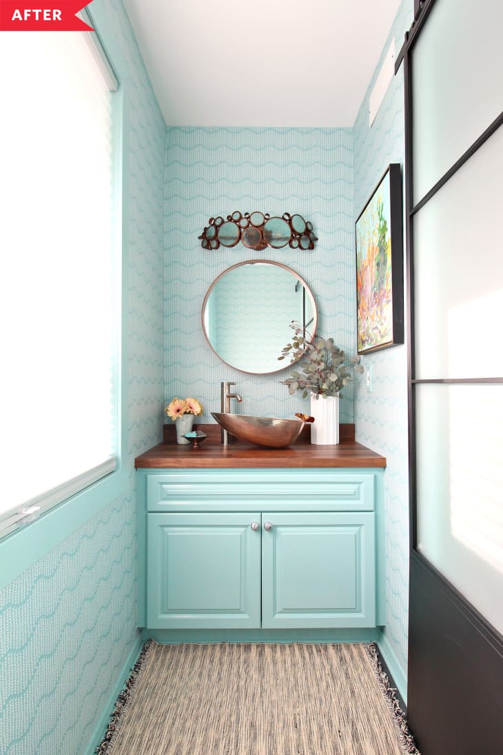 Before and After Teal Wallpapered Powder Room Redo Apartment Therapy