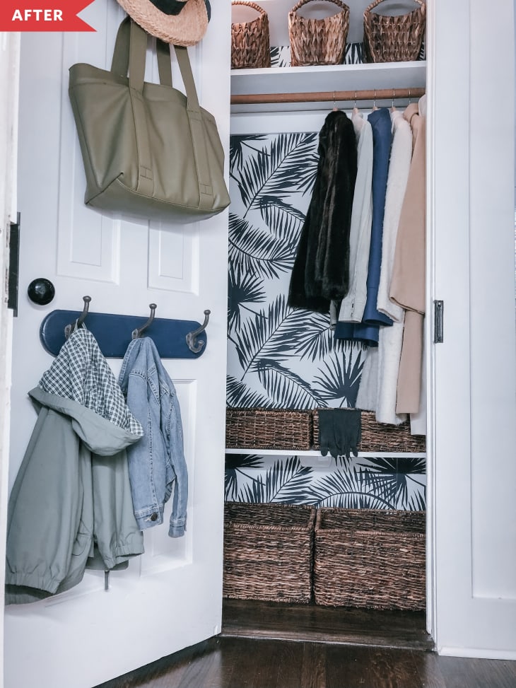 Before and After: DIY Palm Leaf Removable Wallpaper Closet Redo