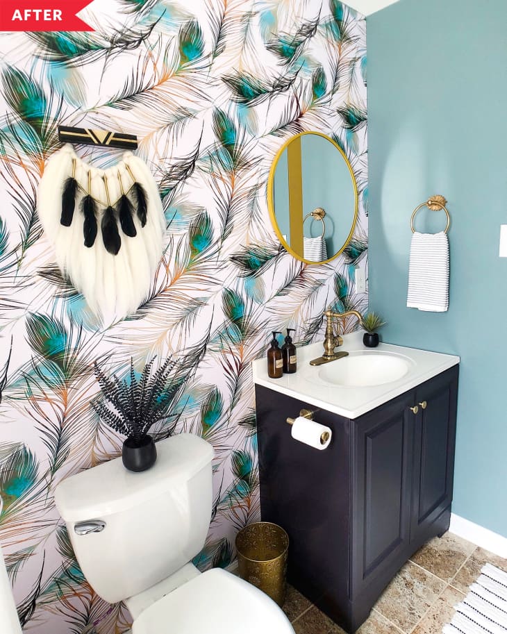 Removable Wallpaper Bathroom Redo - Blue Bathroom Makeover | Apartment