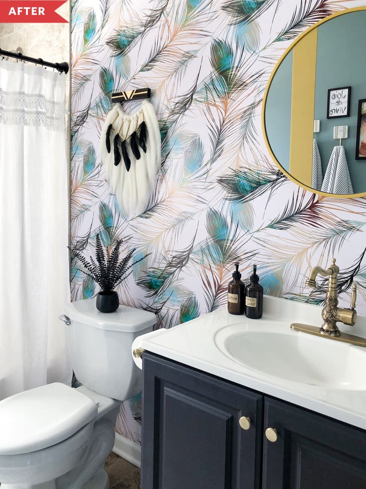 Removable Wallpaper Bathroom Redo - Blue Bathroom Makeover | Apartment