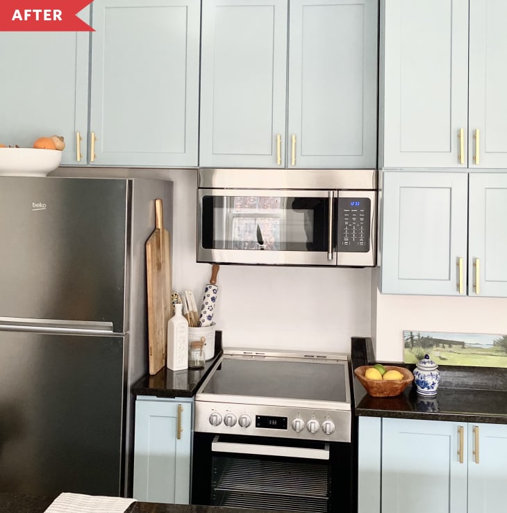 Light Blue Cabinets Kitchen Makeover with Gold Hardware | The Kitchn