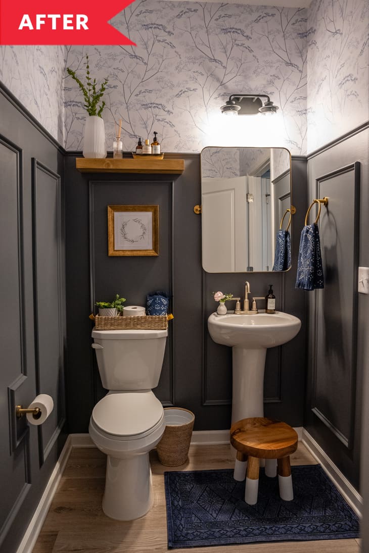 Powder Room Redo with PeelandStick Wallpaper and Trim Apartment Therapy