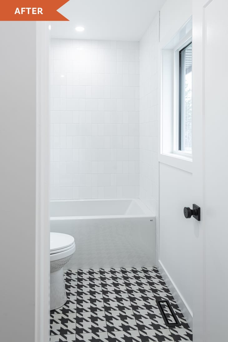 Black and White Bathroom Redo with Houndstooth Tile Before and After
