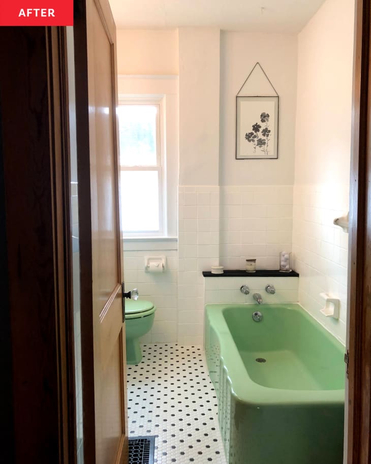 Vintage Bathroom Redo with Green Sink, Tub, and Toilet Before and