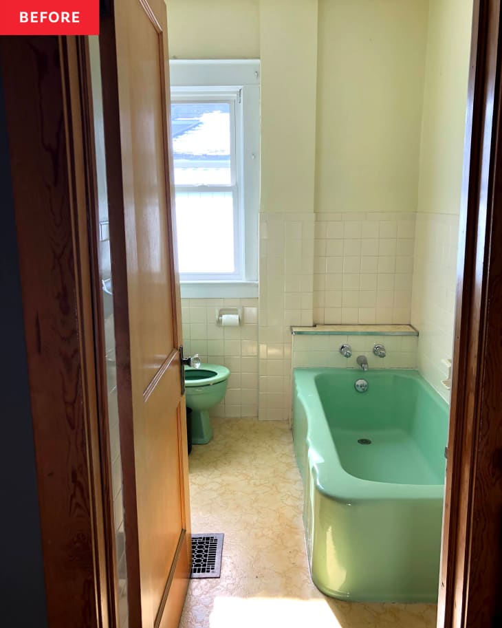 Vintage Bathroom Redo with Green Sink, Tub, and Toilet Before and After Photos Apartment Therapy