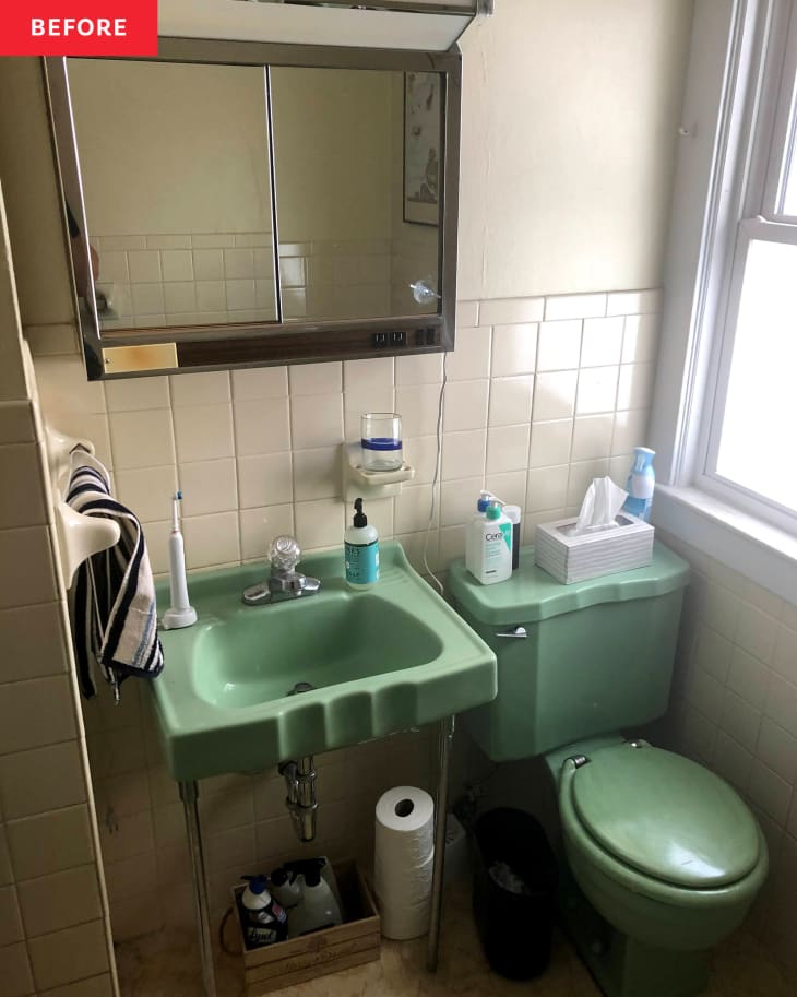 Vintage Bathroom Redo with Green Sink, Tub, and Toilet - Before