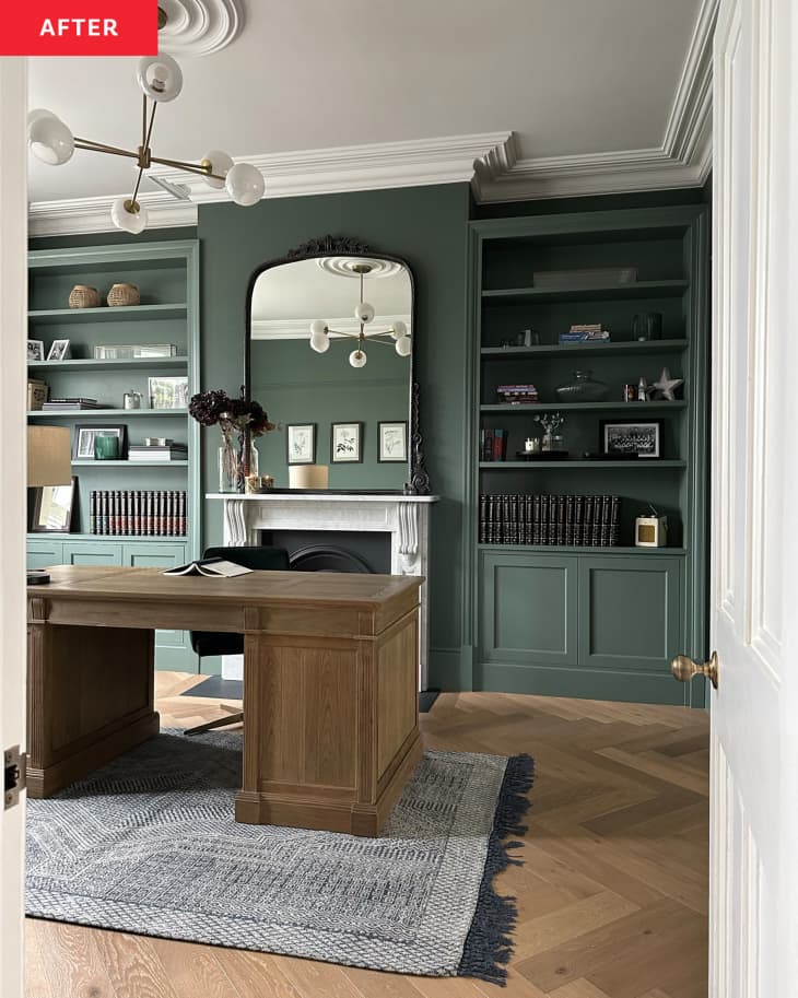 Green Home Office with BuiltIn Shelves Before and After Photos