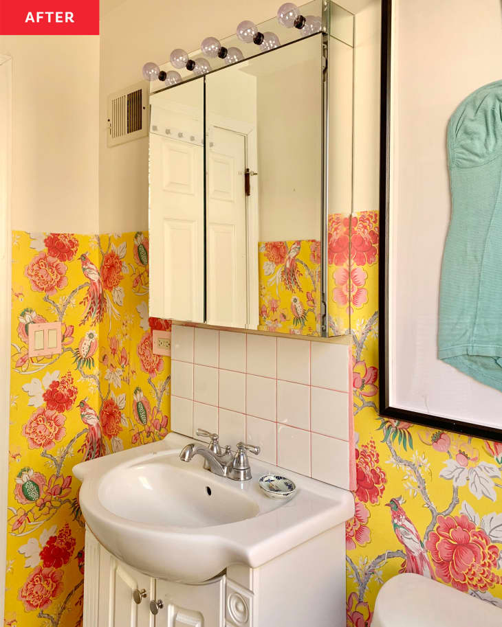 Pink and Yellow Rental Bathroom Redo Before and After Photos
