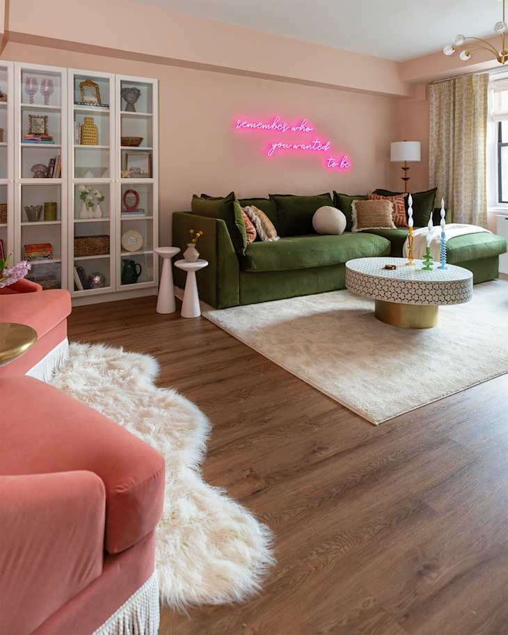 See a Broadway Performer Pink Living Room Makeover | Apartment Therapy