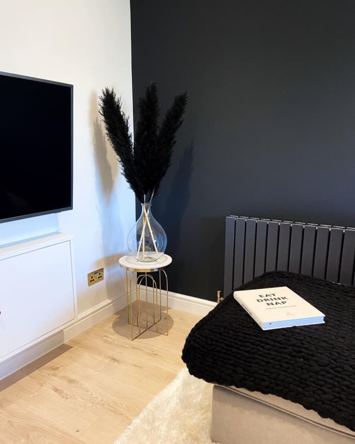 Contemporary Minimalist TV Room with Beige Walls and Black Accents