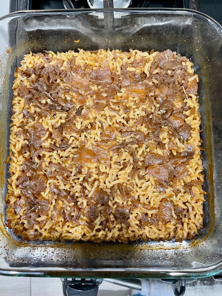 Brown rice casserole out of the oven.
