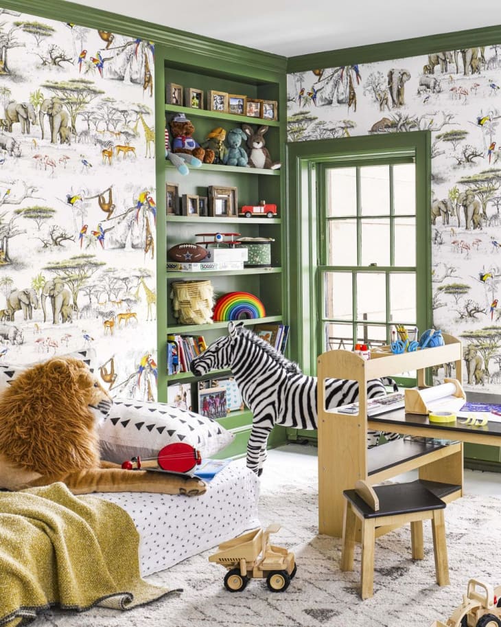 black and white wallpaper with green trim kids room