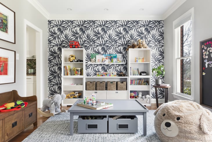 Kids colorful room with black and white statement wallpaper