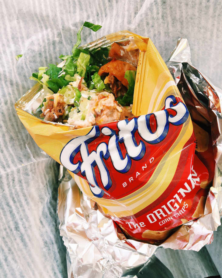 Walking taco in a bag of Fritos