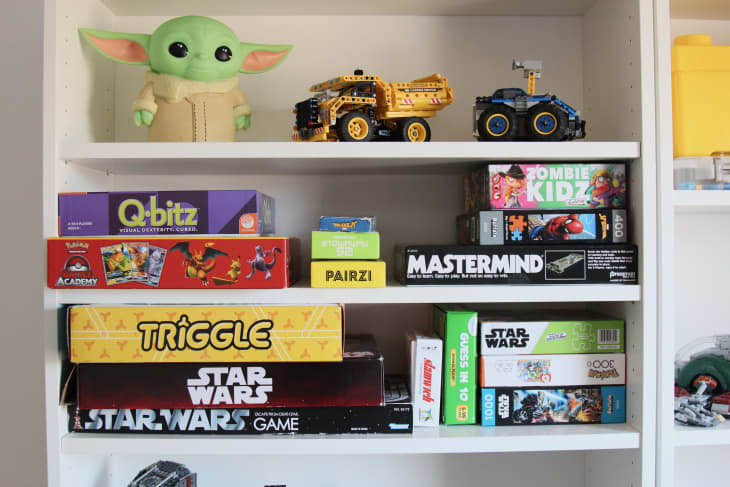 Ikea Billy bookshelf with kids toys and games.