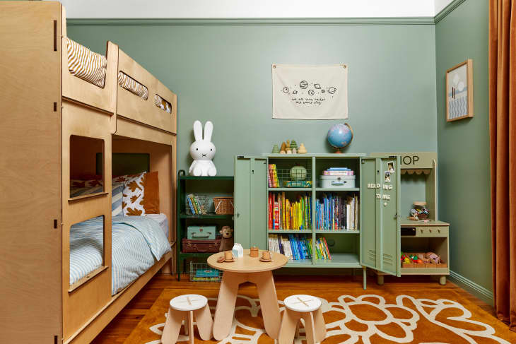 green kids' room with sage green storage locker