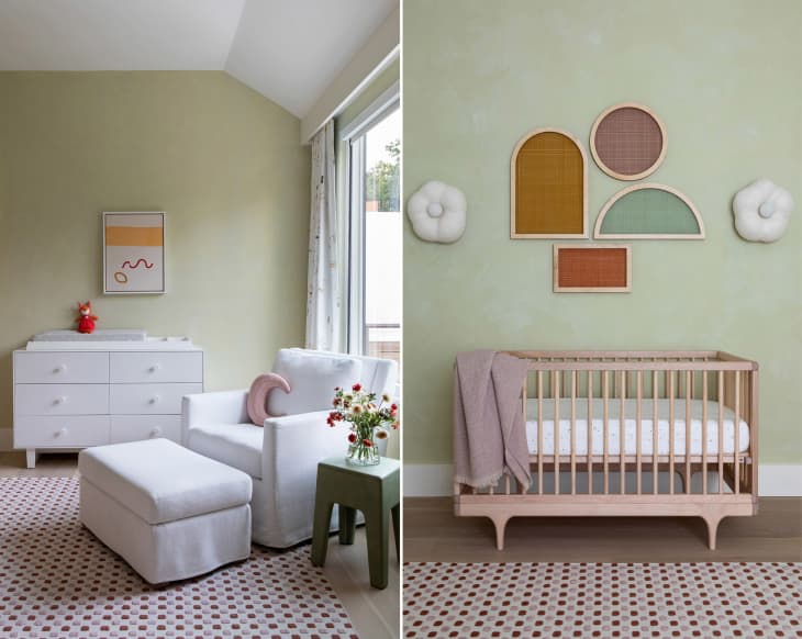 nursery with clean lines, green walls, emphaisis on geometric shapes and subtle colors with white