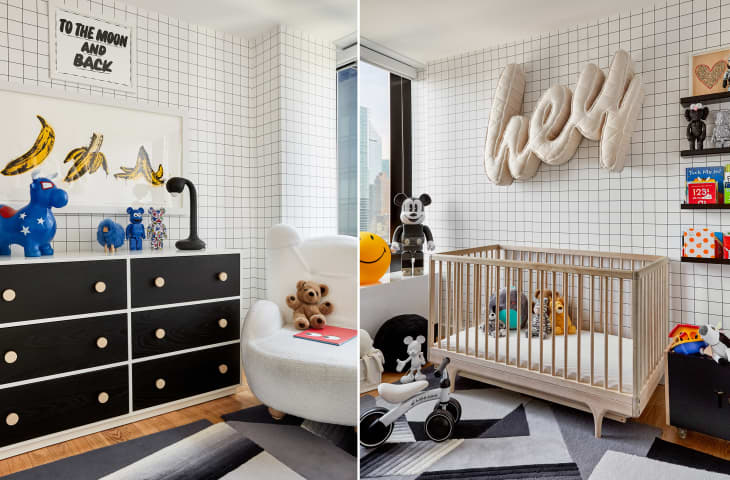 white nursery with black grid on walls. Modern black, white, and pale wood accents