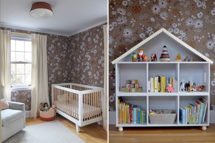 brown floral wallpaper, house shaped book shelf, white and wood crib, floor to ceiling cream curtains