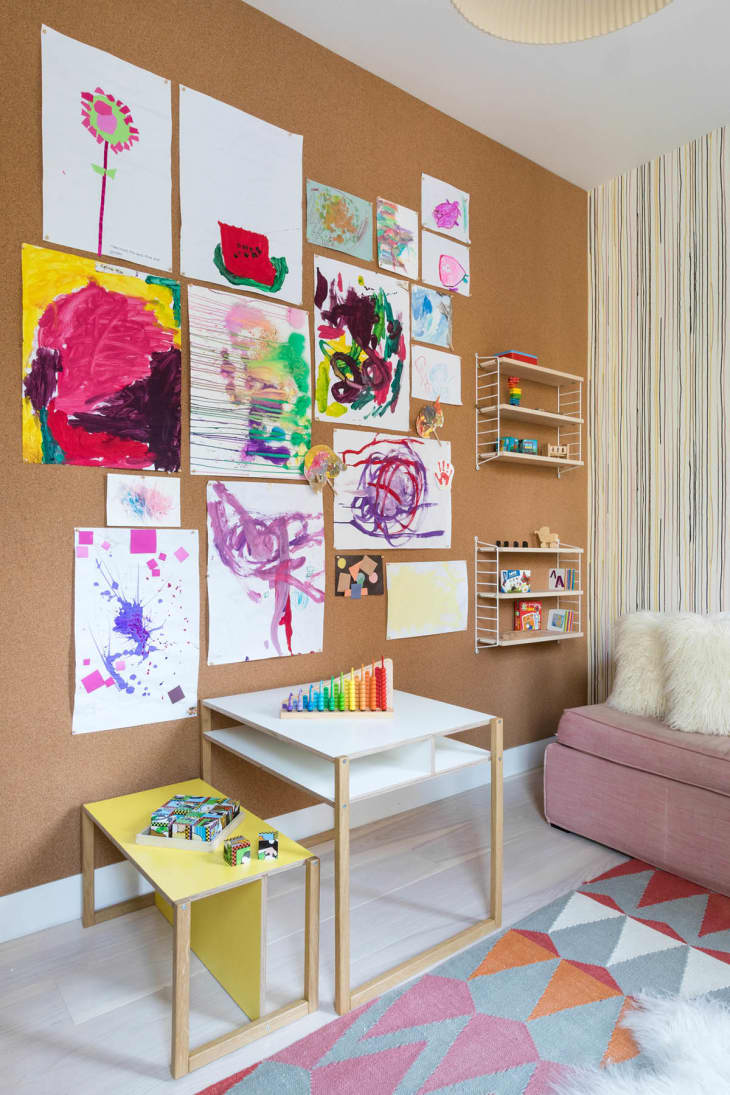Flatiron apartment playroom: desk and cork wall