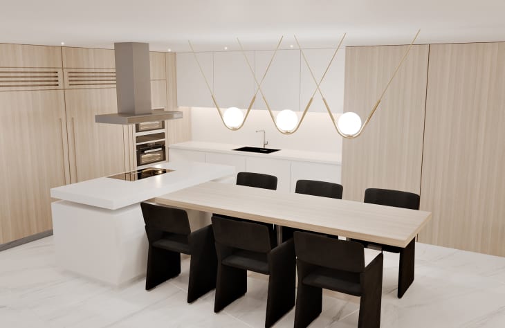 Rendering of a clean light colored kitchen with black chairs. Pendant fixtures have a swooping design and large white orbs.