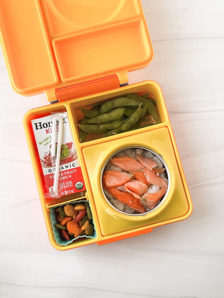 Salmon and rice, edamame, goldfish, and a juicebox