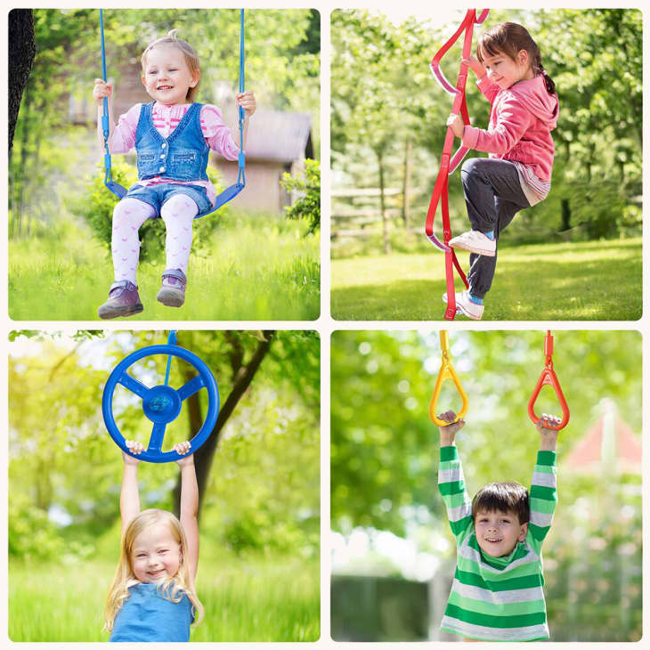 Slackline playground features: swing, climbing gym, hanging bars