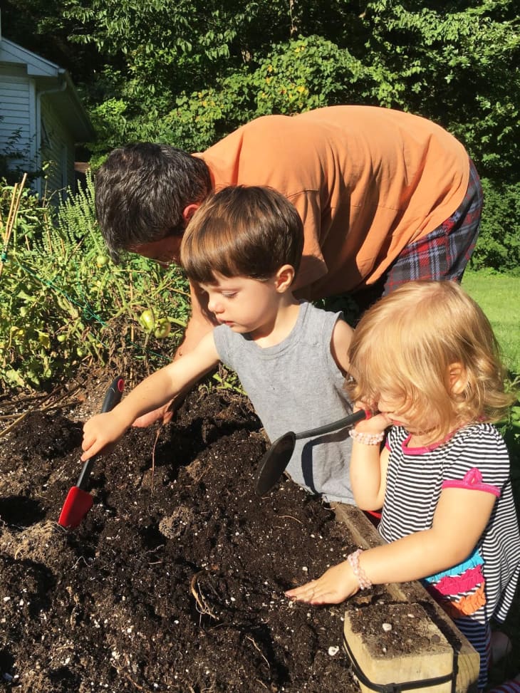 father with children working on a raised garden