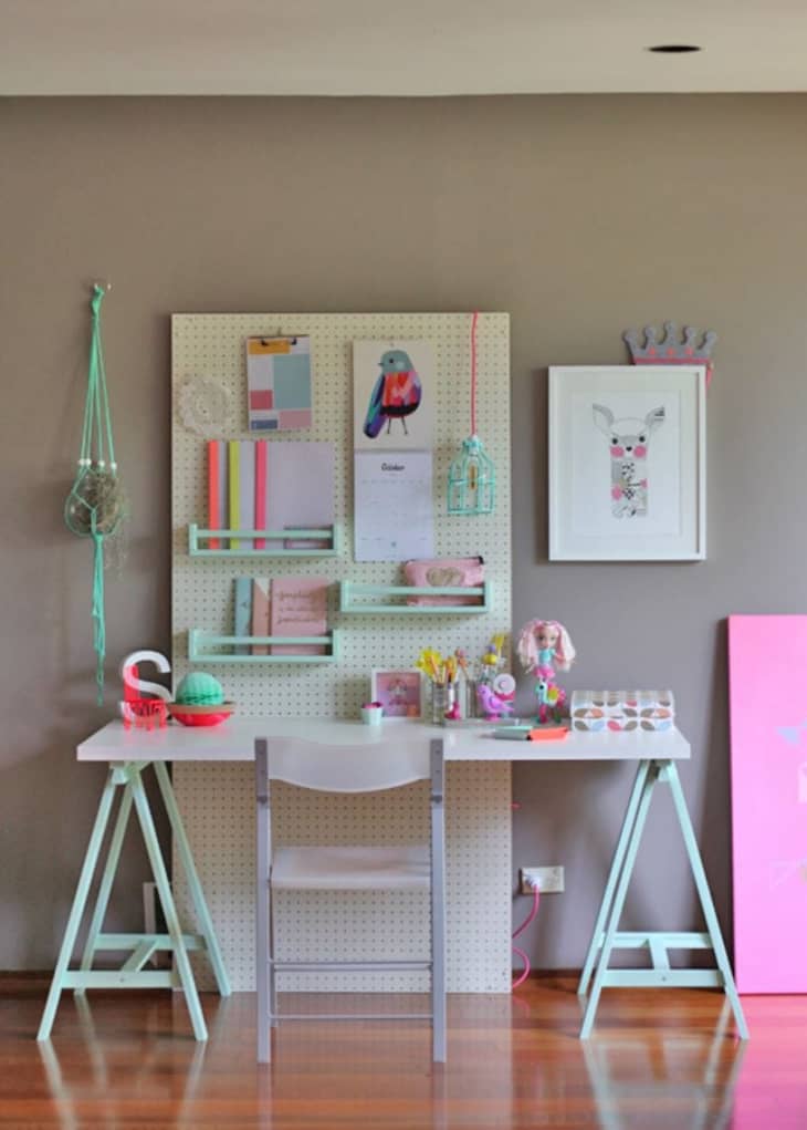 Tween desk with neon colors and pegboard