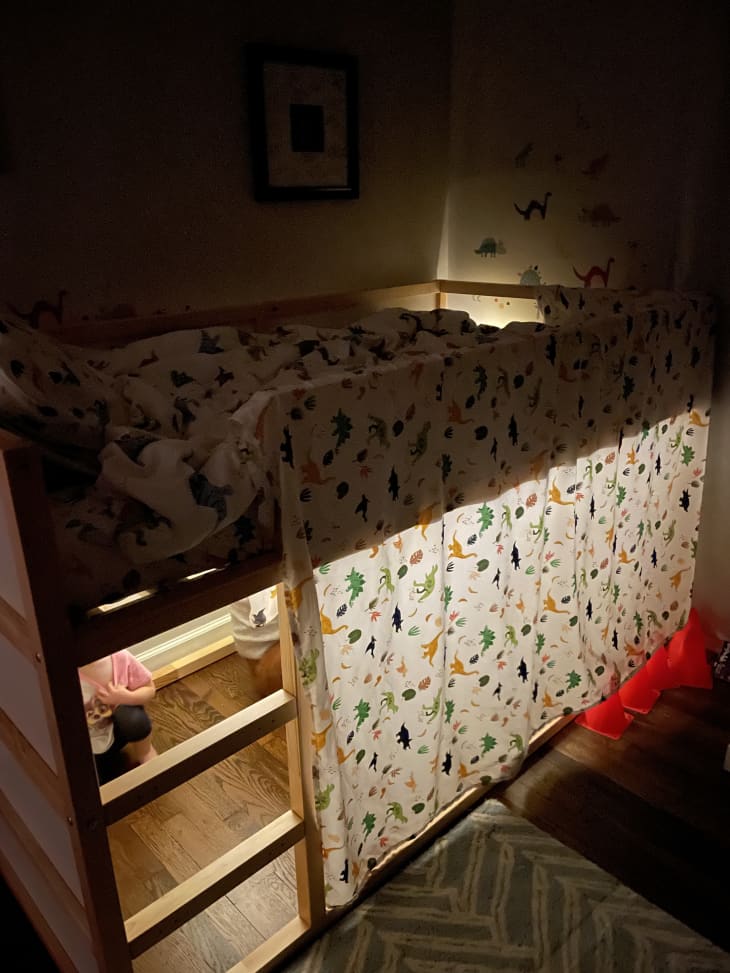 Ikea kura toddler bed with sparkling lights at night