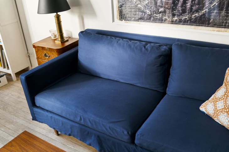 blue slipcovered sofa