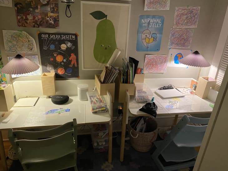 two kids desks with HAY lamps