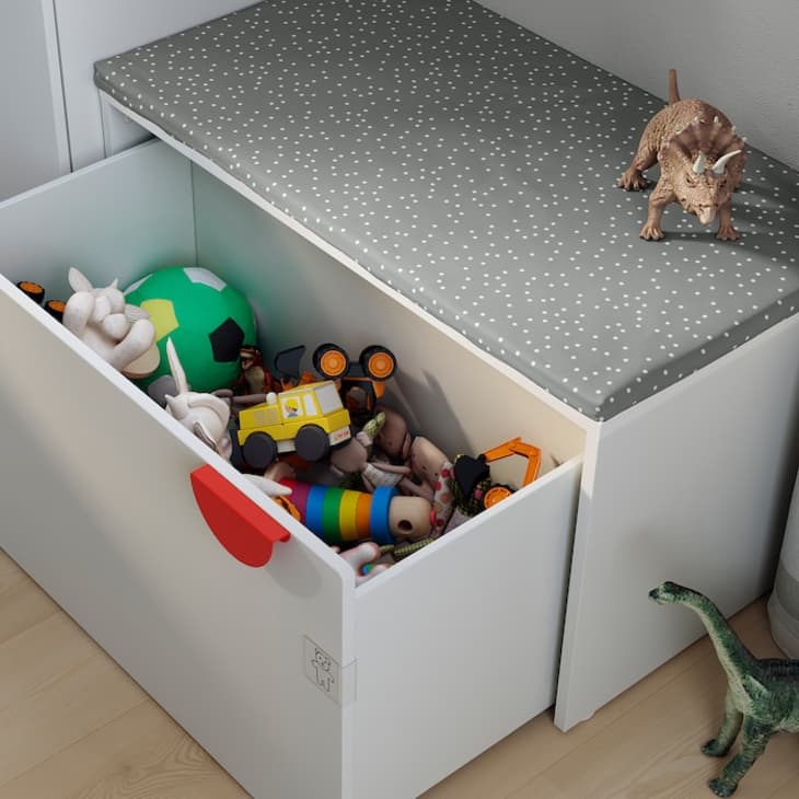 Smastad bench from IKEA with pull out drawer with toys