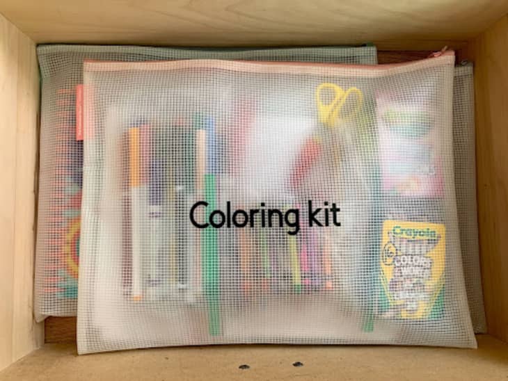 zipper pouch labeled coloring kit