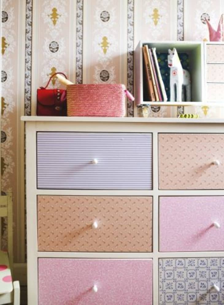 Wallpapered Drawers in Children’s Dresser