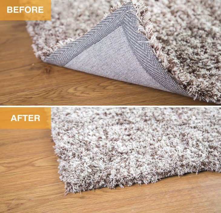 before and after images of a rug with and without corner gripper on